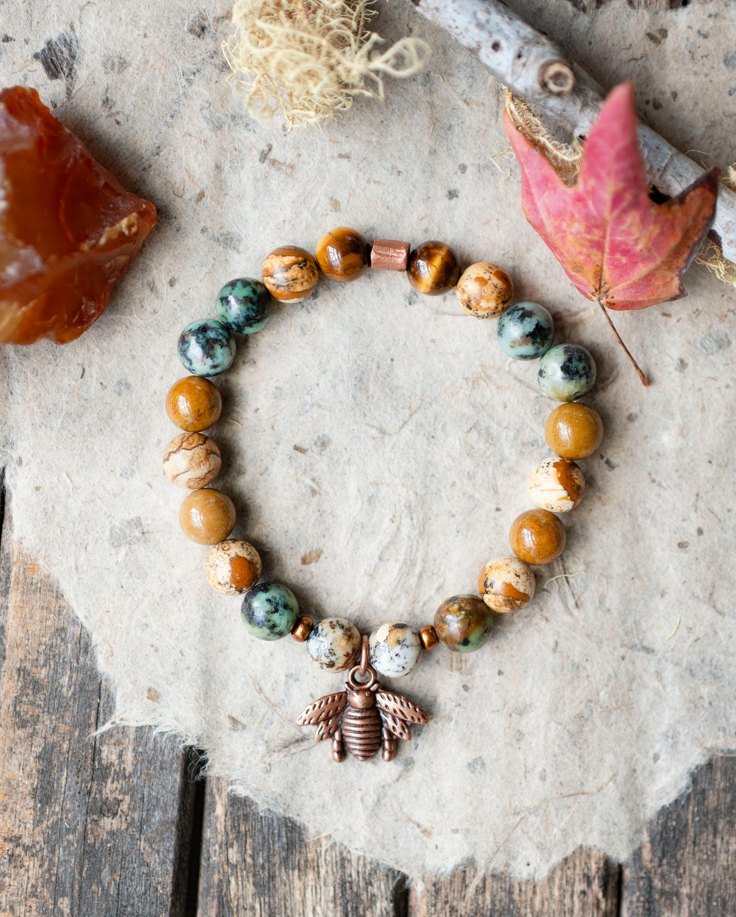Copper Bee African Turquoise Jasper Gemstone Stretch Bracelet