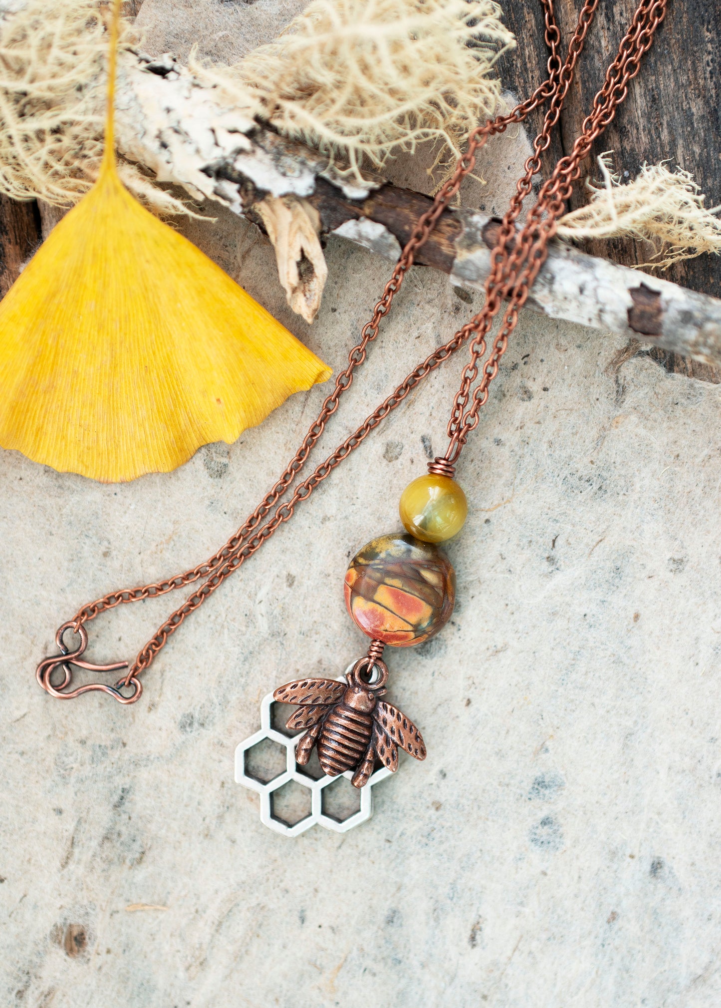 Bee Honeycomb Creek Jasper Yellow Tiger's Eye Gemstone Necklace