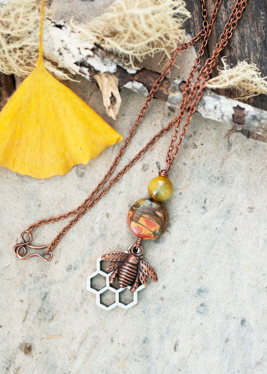 Bee Honeycomb Creek Jasper Yellow Tiger's Eye Gemstone Necklace