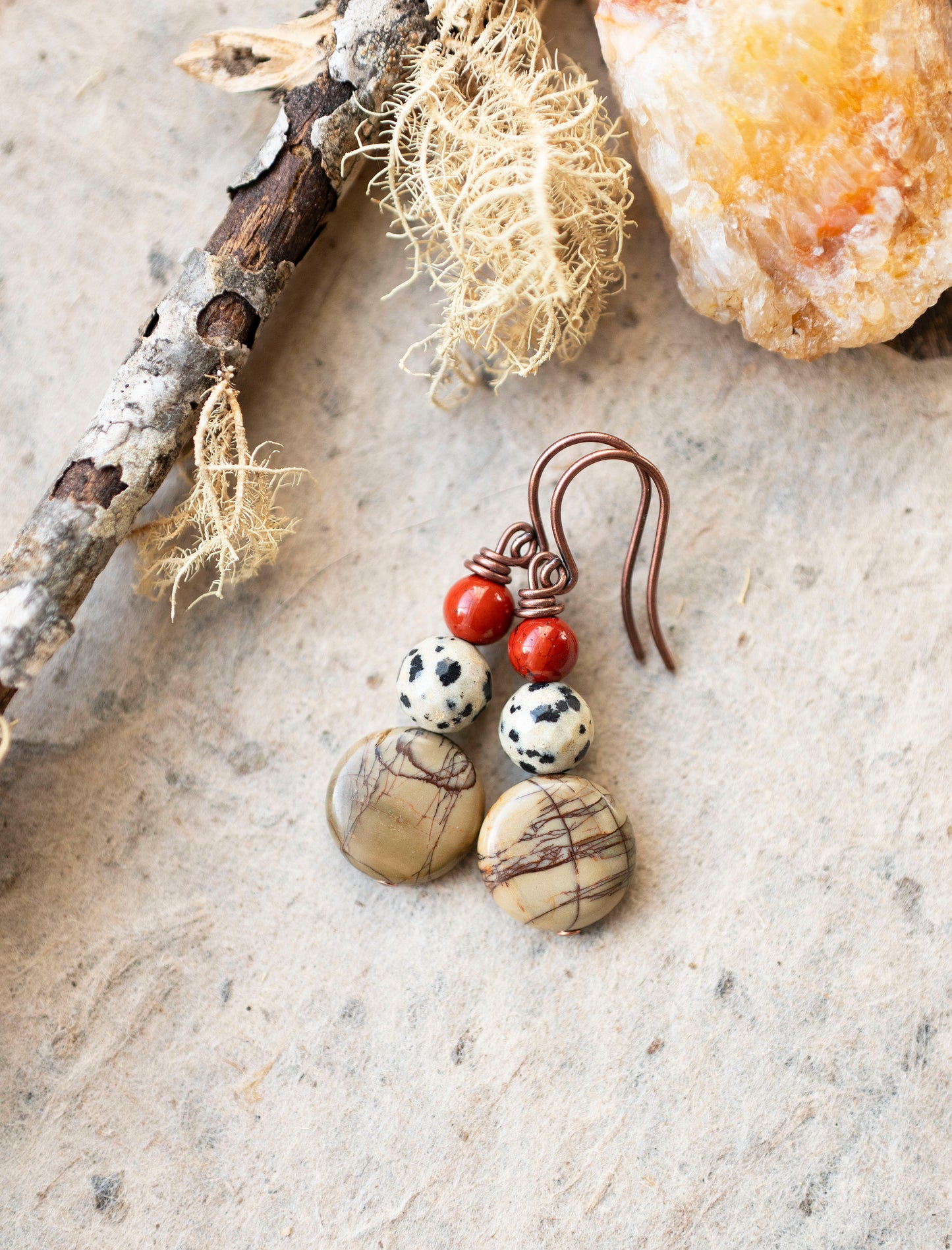 Creek Jasper Coin Earrings with Dalmatian Jasper