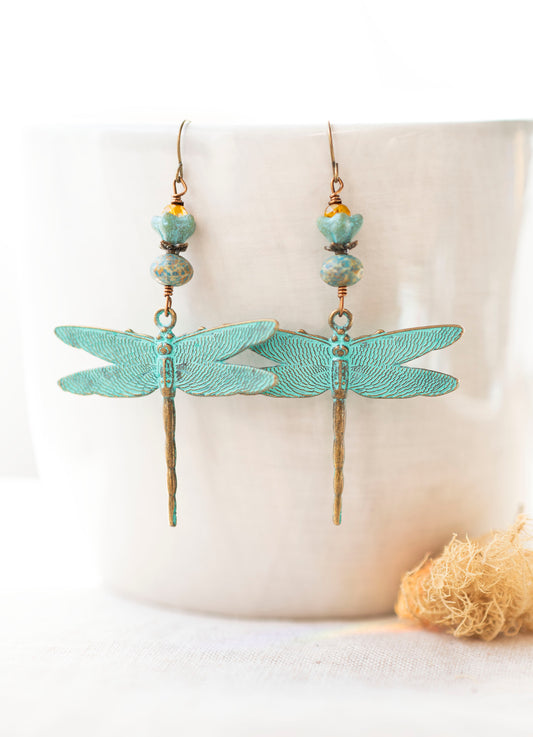 Brass Patina Sea Green Dragonfly Earrings