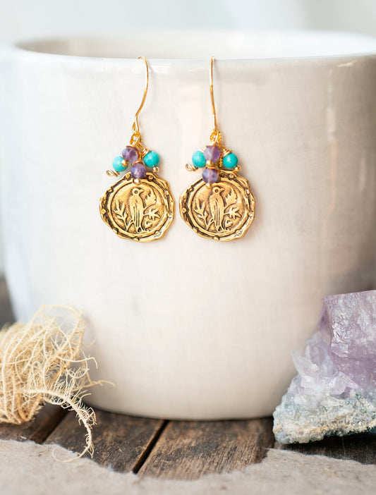 Bird Earrings in Golden Brass Turquoise Amethyst