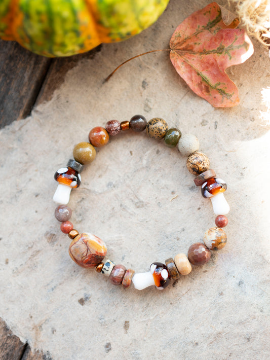 Autumn Mushroom Bird's Eye Rhyolite Gemstone Stretch Bracelet