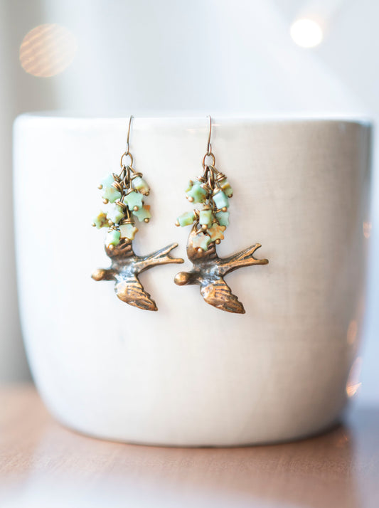 Birds and Chrysoprase Gemstone Stars Earrings