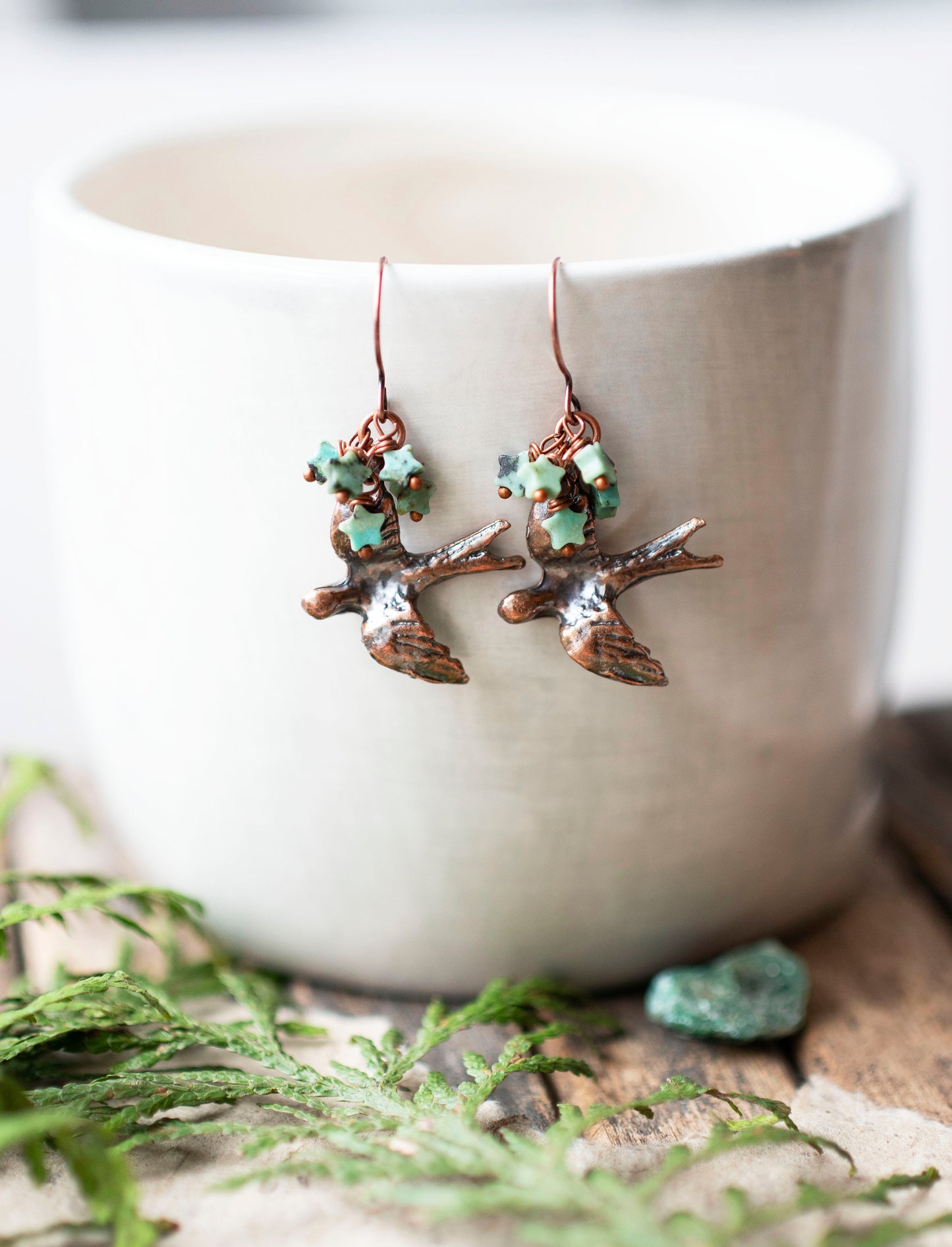 Bird Gemstone Earrings Copper Amazonite Stars