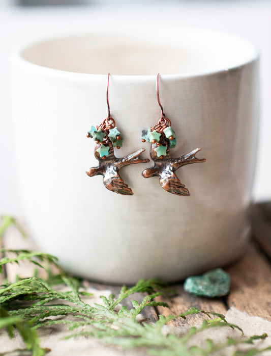 Bird Gemstone Earrings Copper Amazonite Stars