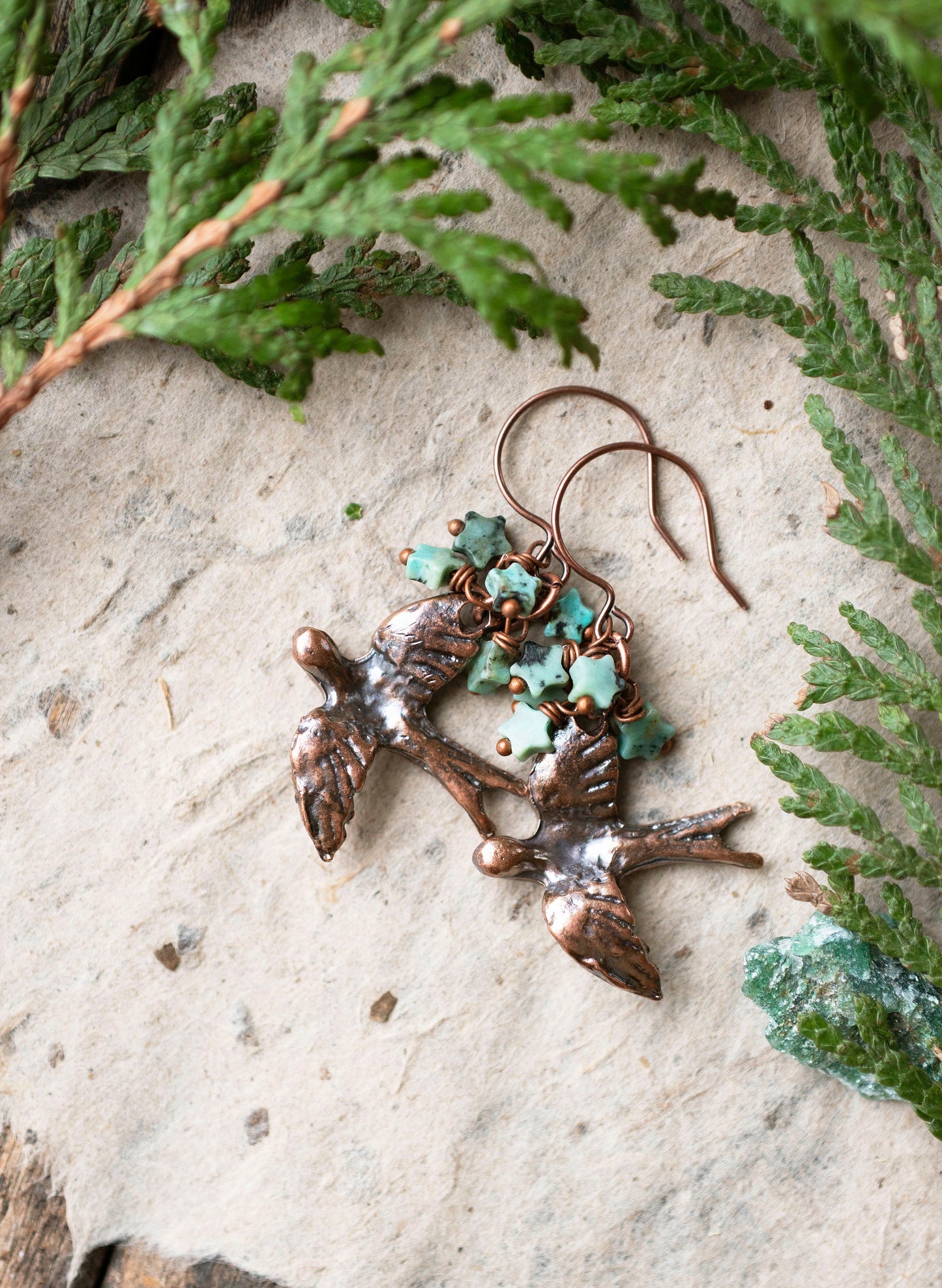 Bird Gemstone Earrings Copper Amazonite Stars