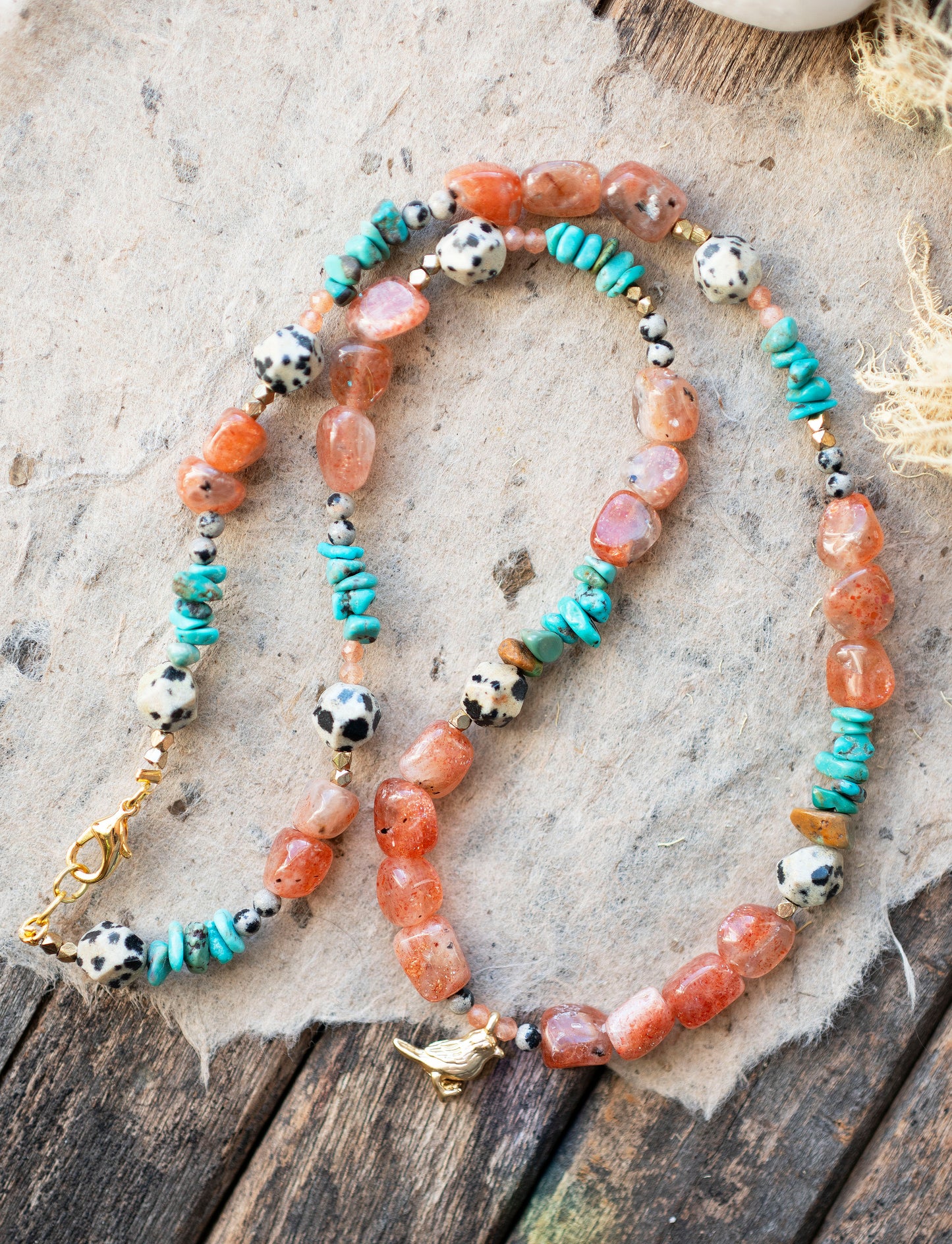 Golden Bird Peach Stone and Turquoise Beaded Necklace
