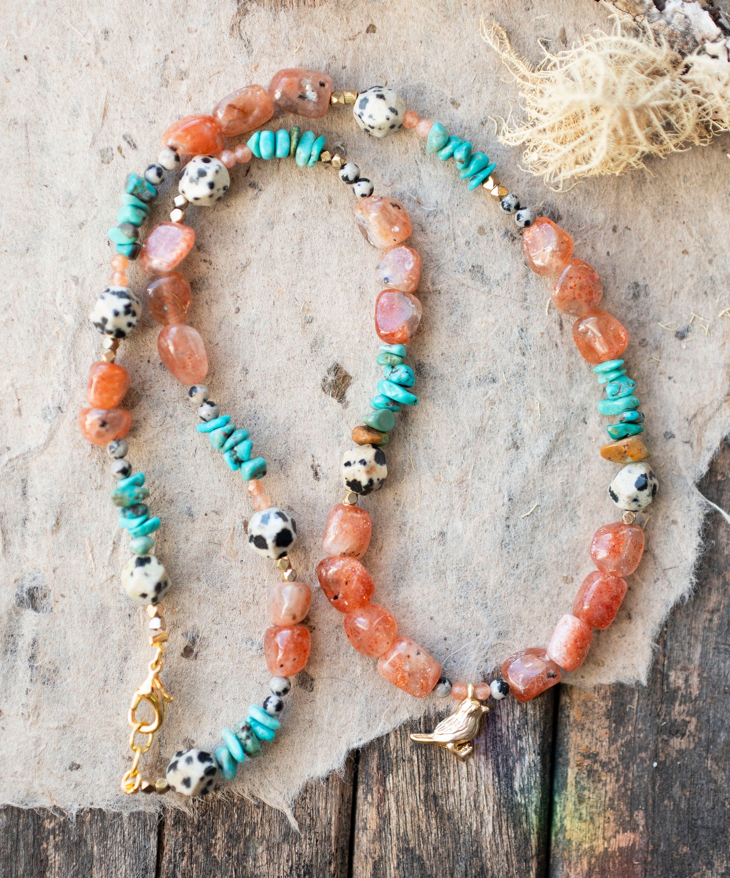 Golden Bird Peach Stone and Turquoise Beaded Necklace