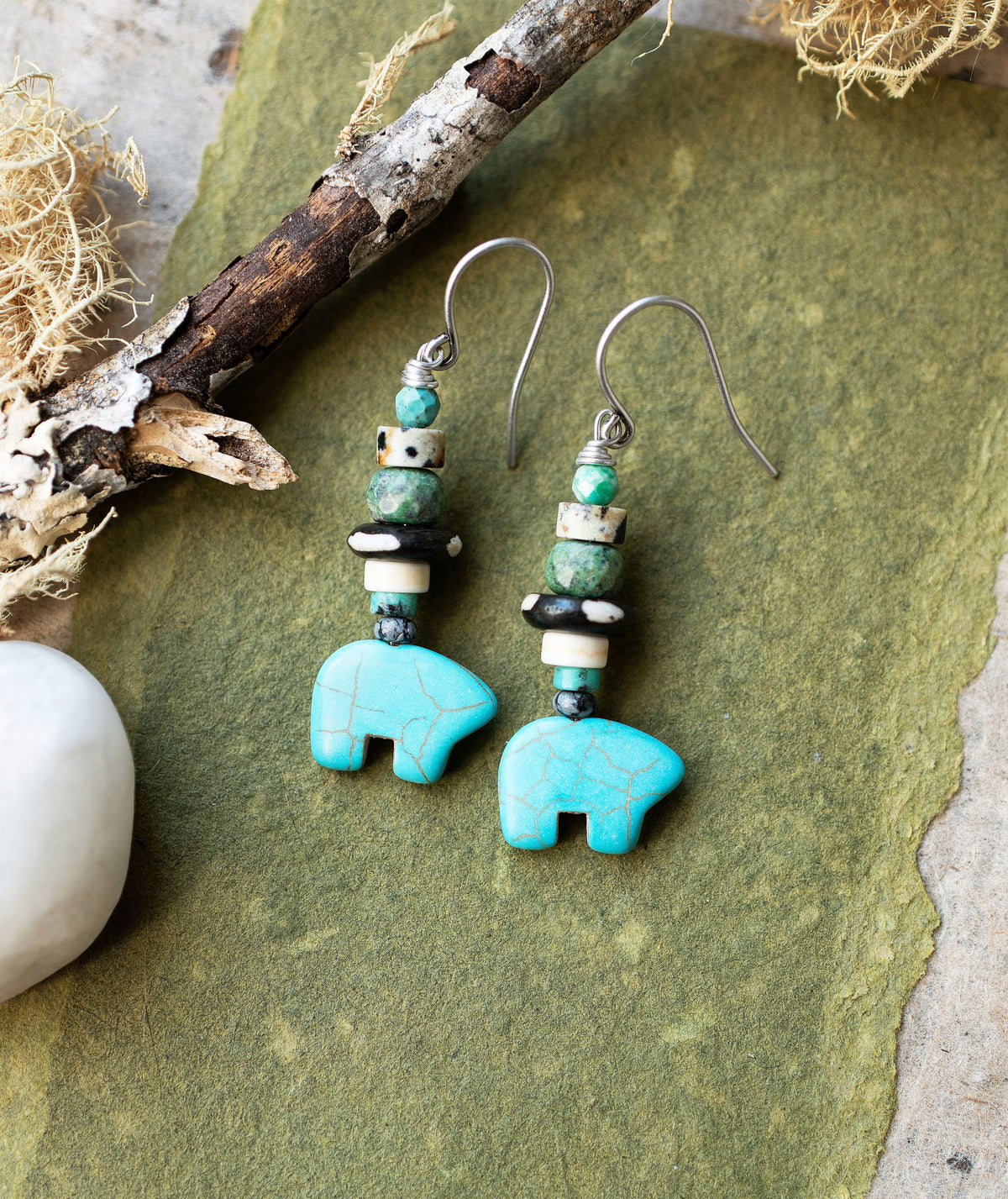 Turquoise Gemstone Bear Rustic Earrings