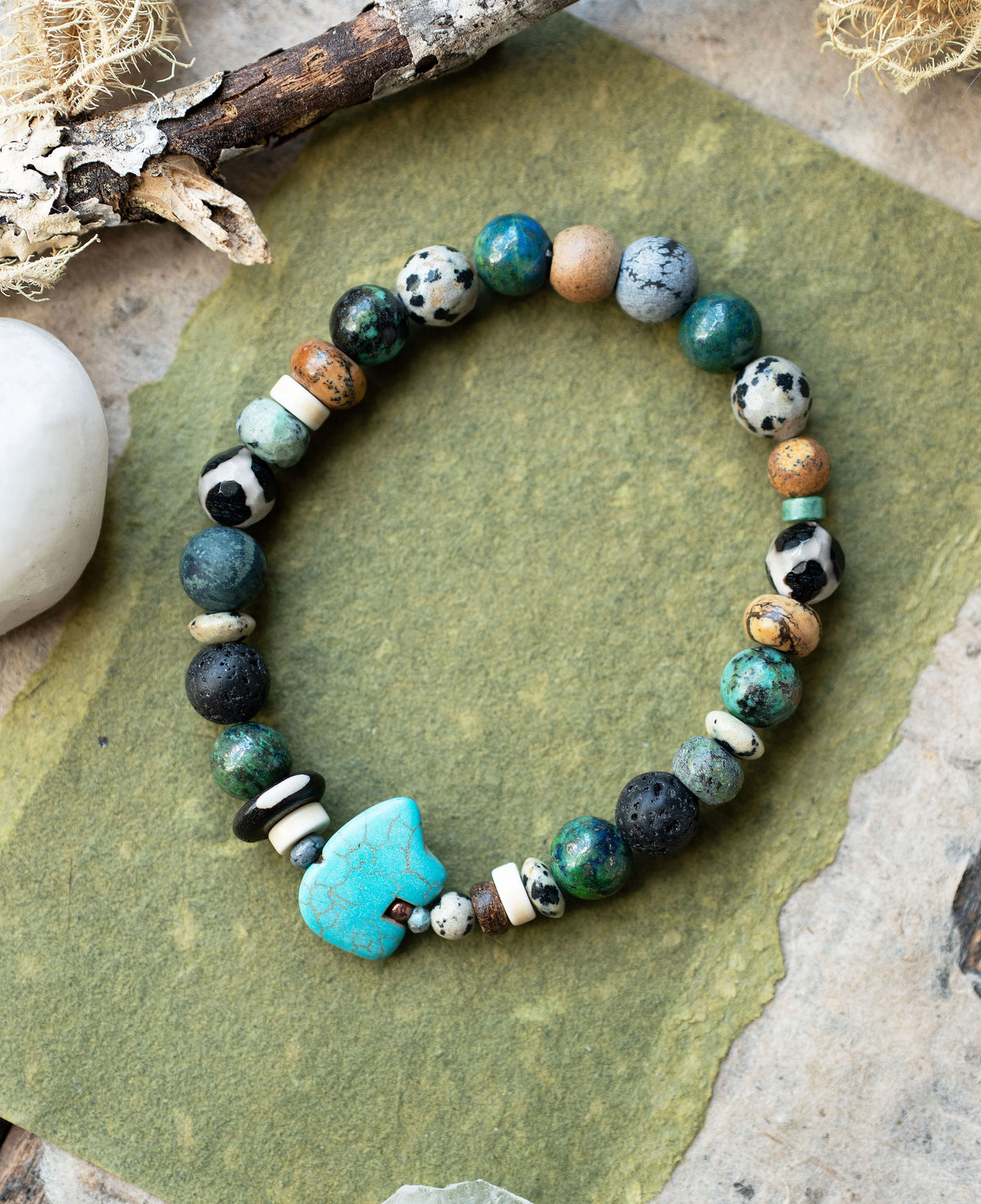 Turquoise Bear Gemstone Rustic Stretch Bracelet