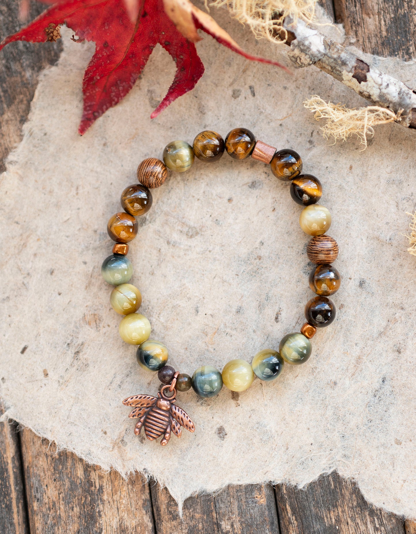 Bee Blue Yellow Tiger's Eye Gemstone Stretch Bracelet