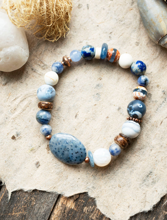 Blue Coral Seaside Agate Gemstone Stretch Bracelet