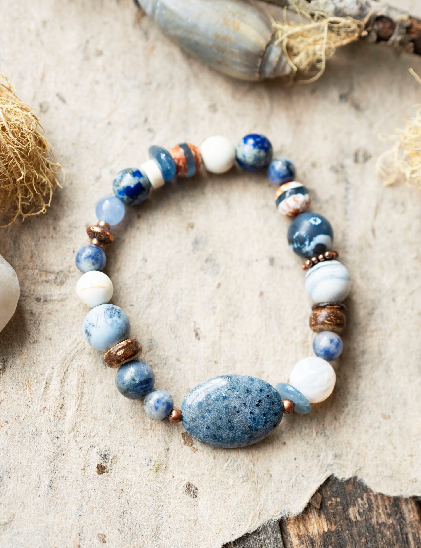 Blue Coral Seaside Agate Gemstone Stretch Bracelet