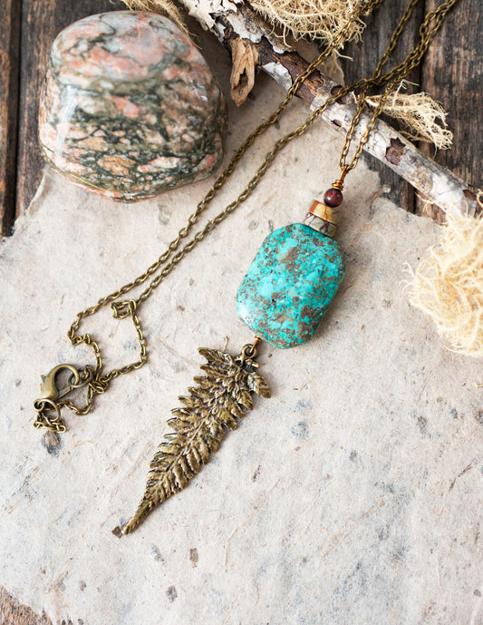 Antique Brass Turquoise Fern Leaf Pendant Necklace