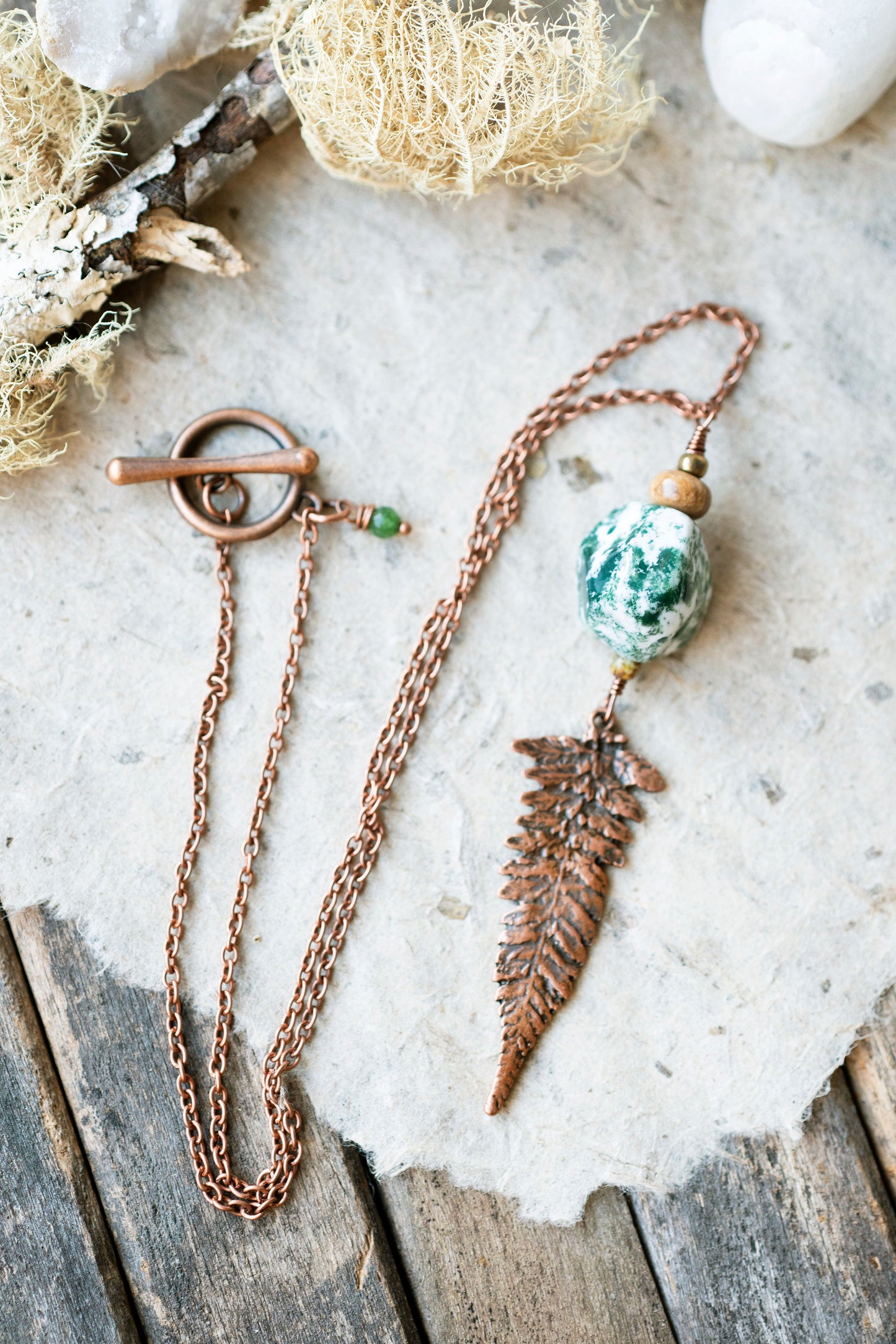 Copper Fern Pendant Green Tree Agate Necklace