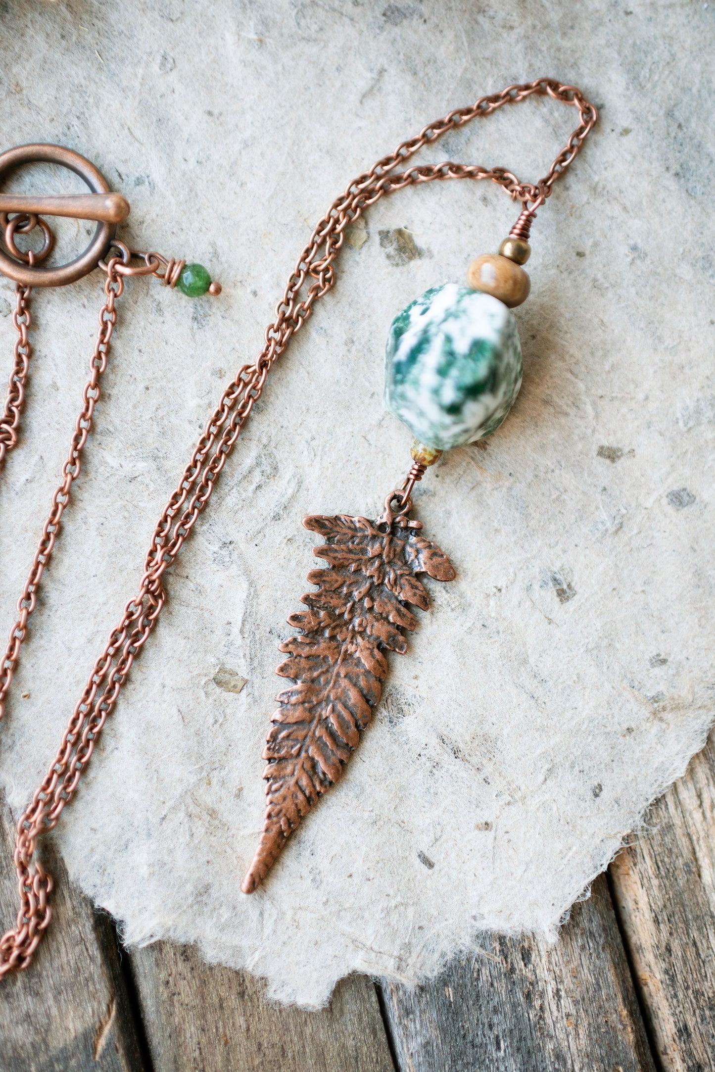 Copper Fern Pendant Green Tree Agate Necklace