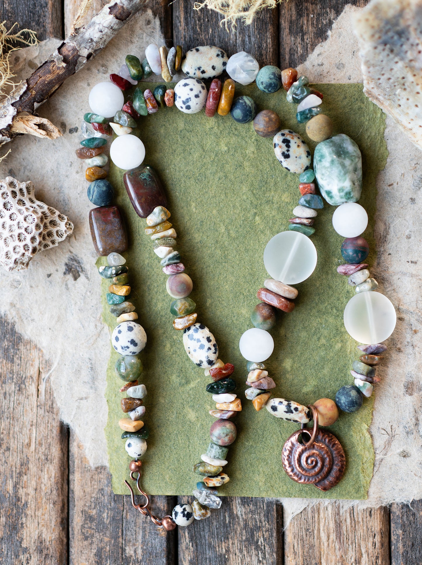 Copper Spiral Ocean Jasper Tree Agate Gemstone Necklace