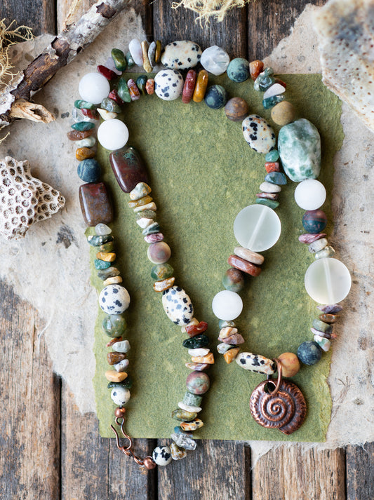 Copper Spiral Ocean Jasper Tree Agate Gemstone Necklace