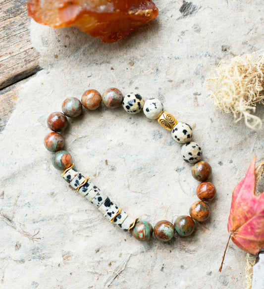 Dalmatian Jasper African Opal Earthy Gemstone Stretch Bracelet