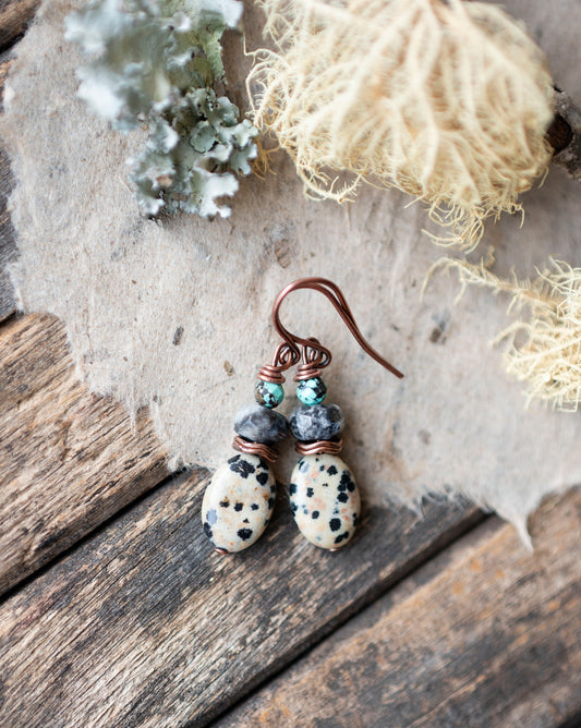 Dalmatian Jasper Rustic Turquoise Earrings