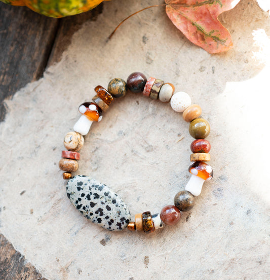 Dalmatian Jasper Earthy Mushroom Gemstone Stretch Bracelet