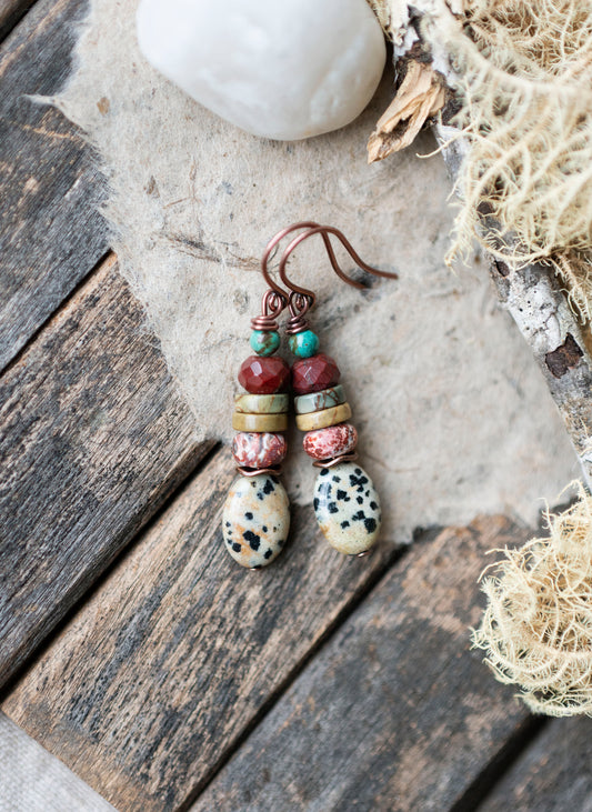 Speckled Dalmatian Jasper Boho Stacked Earrings