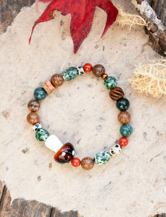Holiday Forest Mushroom Gemstone Stretch Bracelet