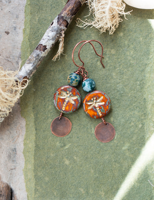 Dragonfly Orange Speckled Fancy Jasper Earrings