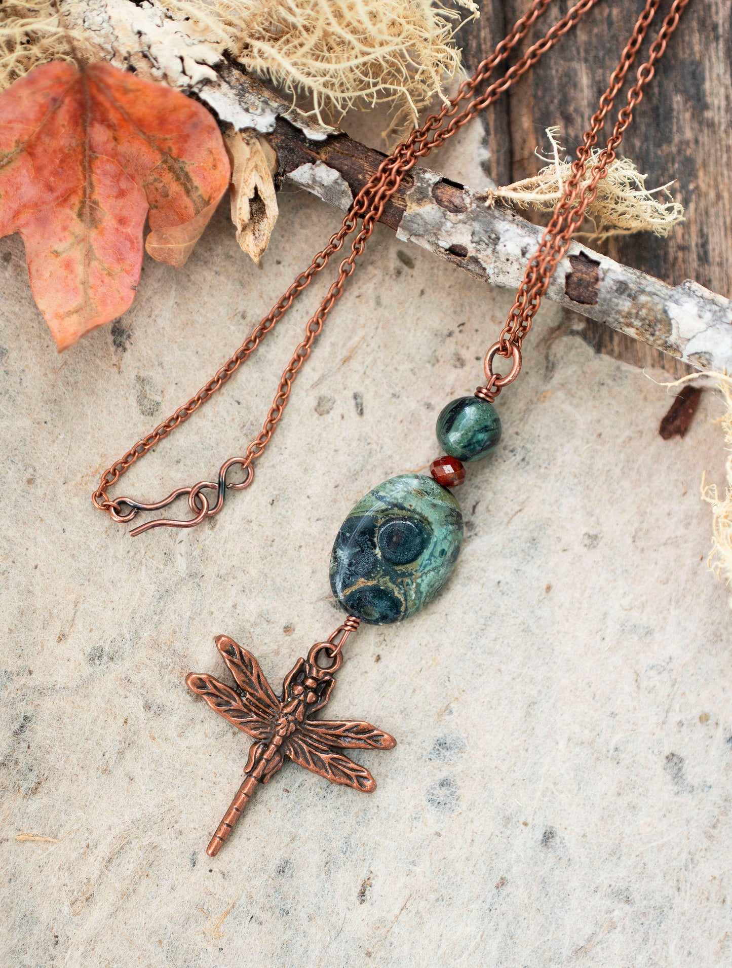 Dragonfly Copper Green Kambaba Jasper Gemstone Pendant Necklace