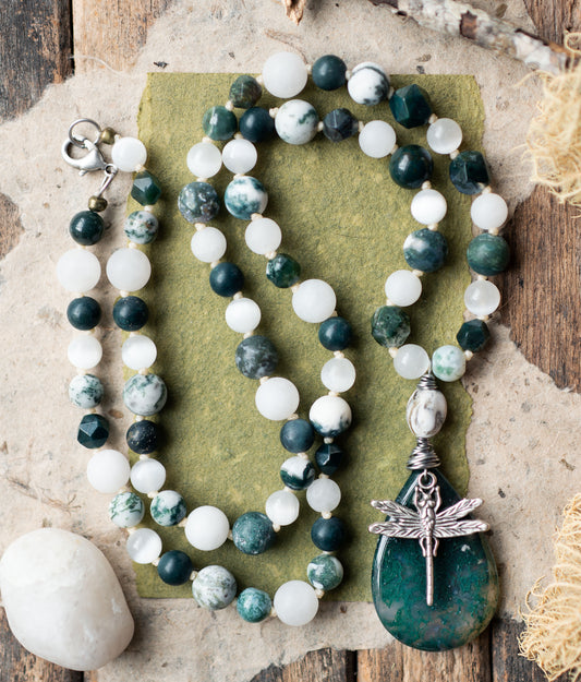 Dragonfly Moss Agate Selenite Gemstone Knotted Cord Necklace
