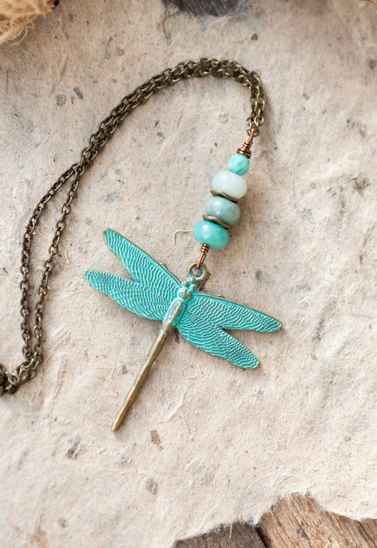 Dragonfly Blue Patina Pendant Necklace