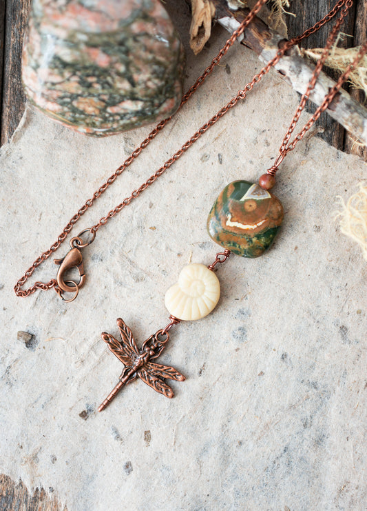 Dragonfly Rhyolite Gemstone Pendant Necklace