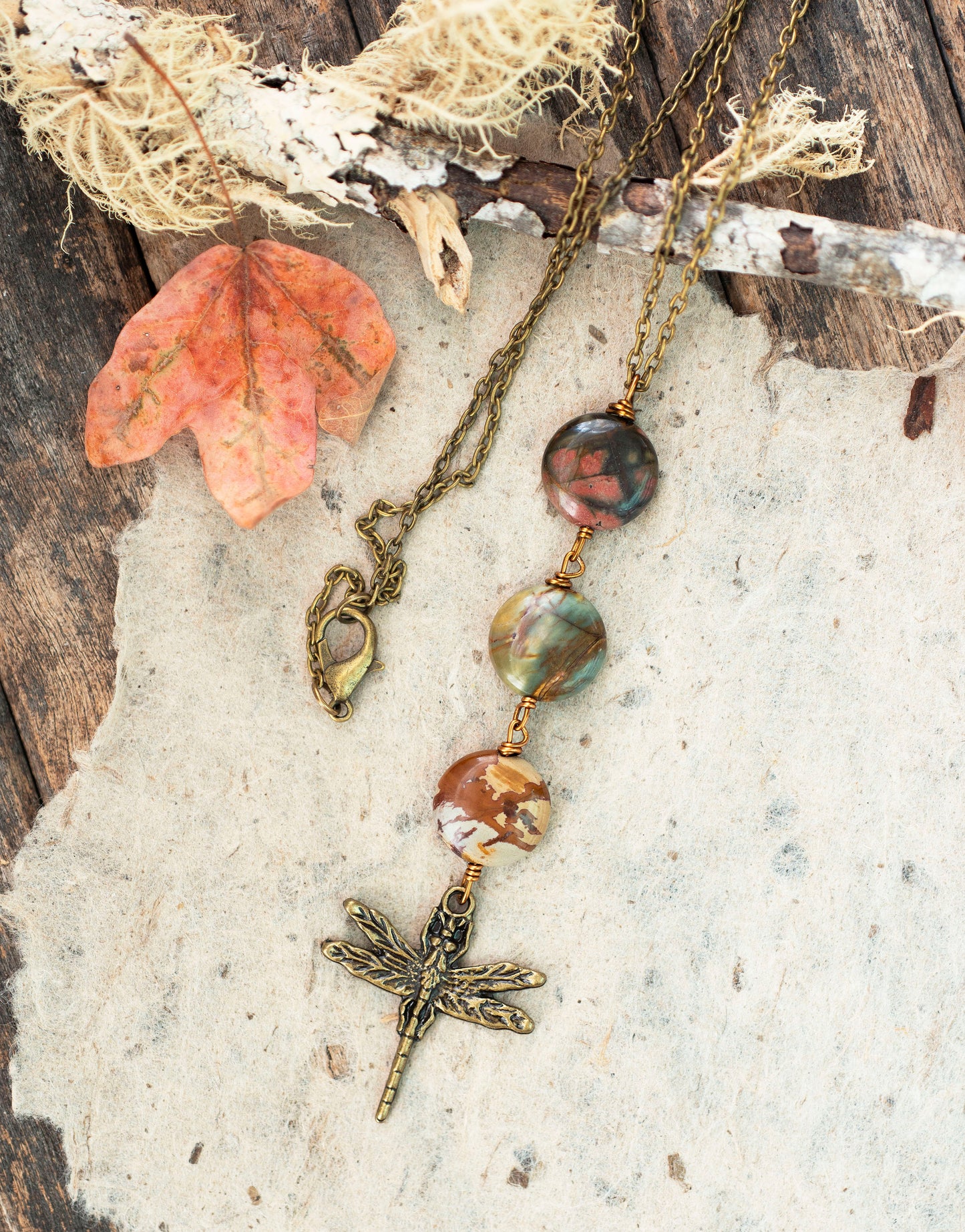Dragonfly Trio Creek Jasper Coin Gemstone Necklace