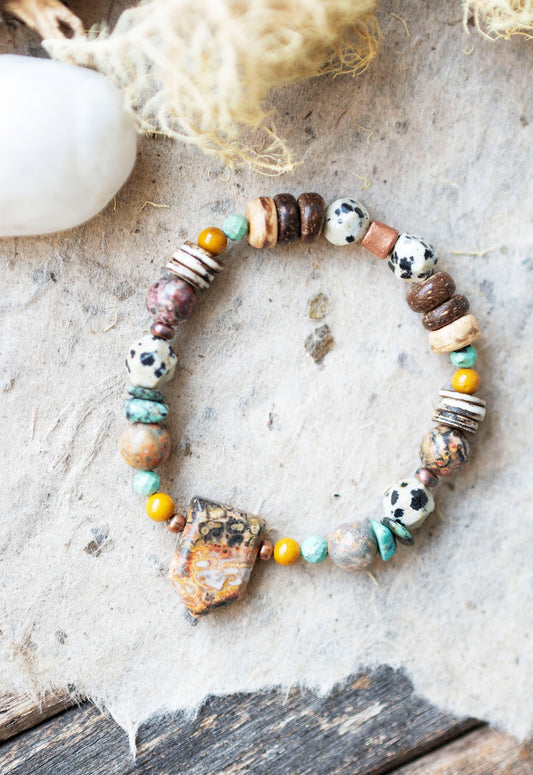 Rustic Jasper Wooden Beaded Gemstone Bracelet