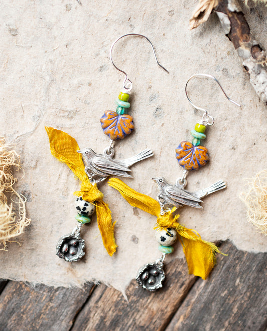 Bird Nest Sparrow Earrings Yellow Ribbons