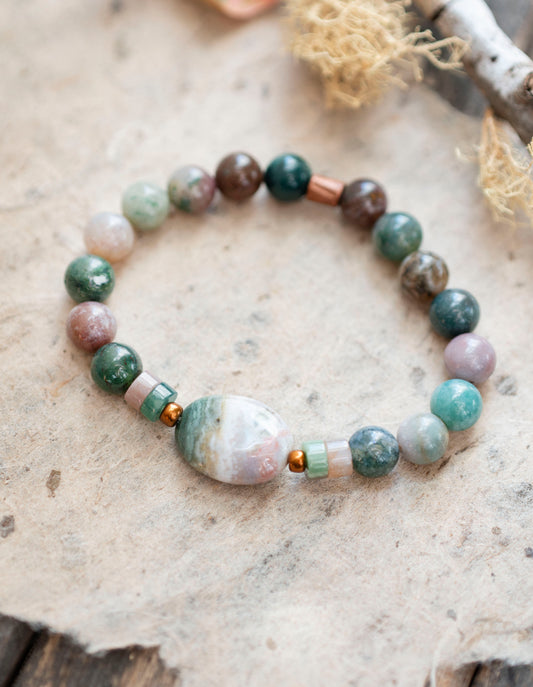 Green Purple Fancy Jasper Gemstone Stretch Bracelet