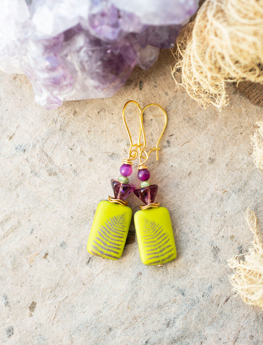 Chartreuse Green Purple Fern Earrings