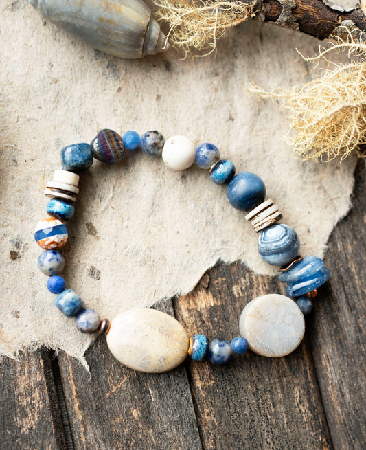 Fossil Coral Blue Kyanite Sodalite Gemstone Stretch Bracelet