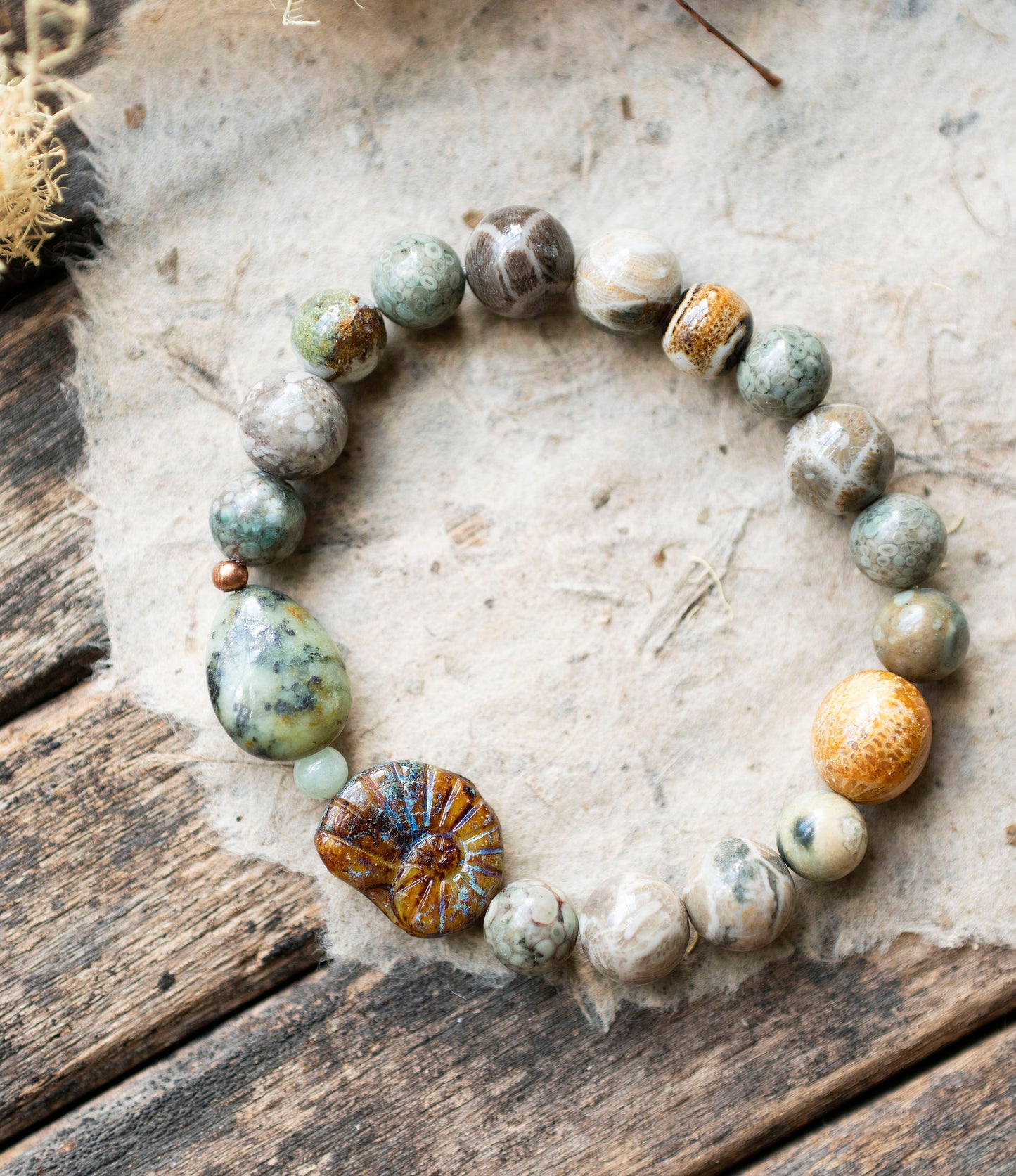 Fossil Coral Glass Ammonite Gemstone Stretch Bracelet