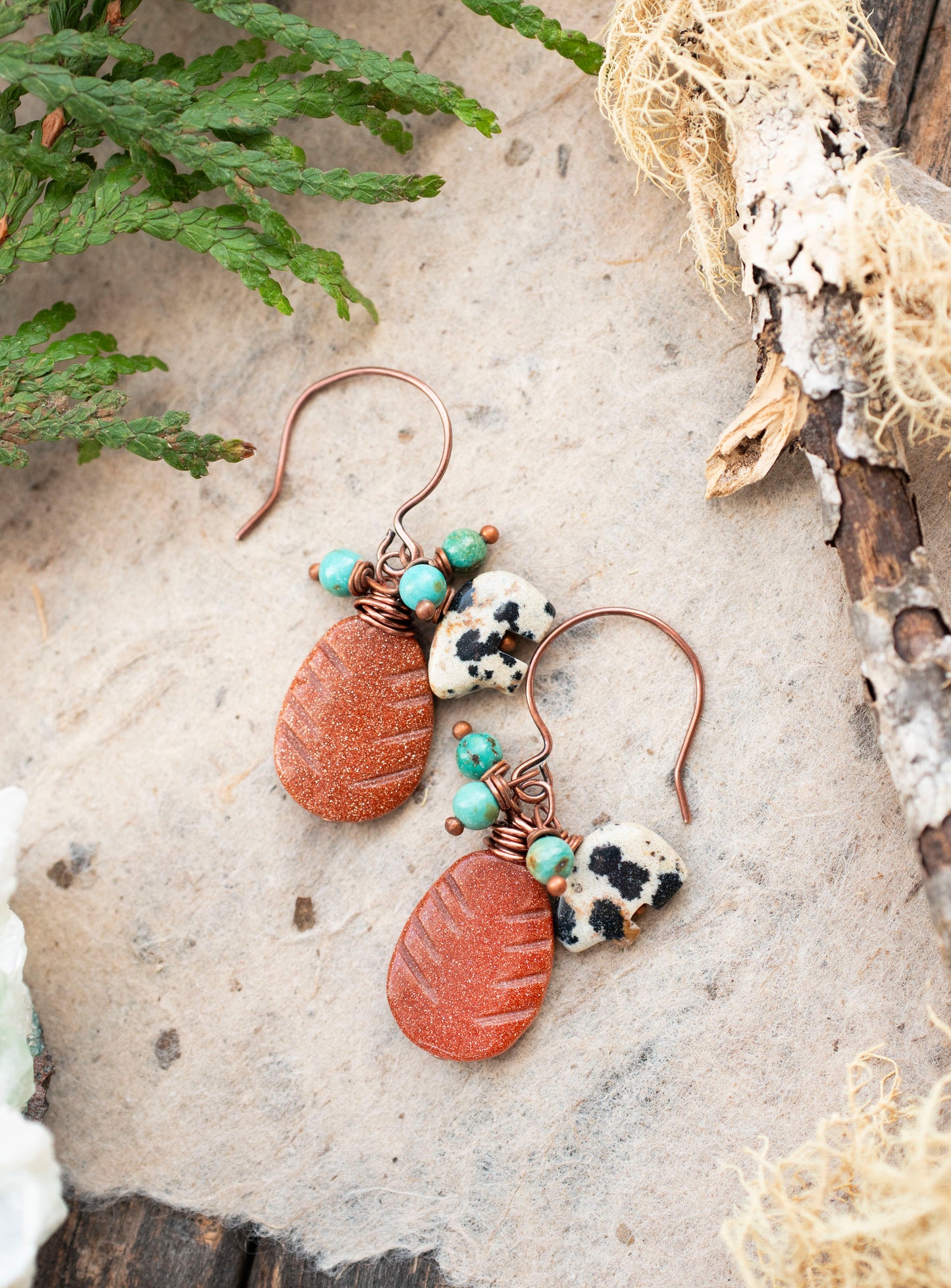 Goldstone Leaves Dalmatian Jasper Turquoise Bear Earrings