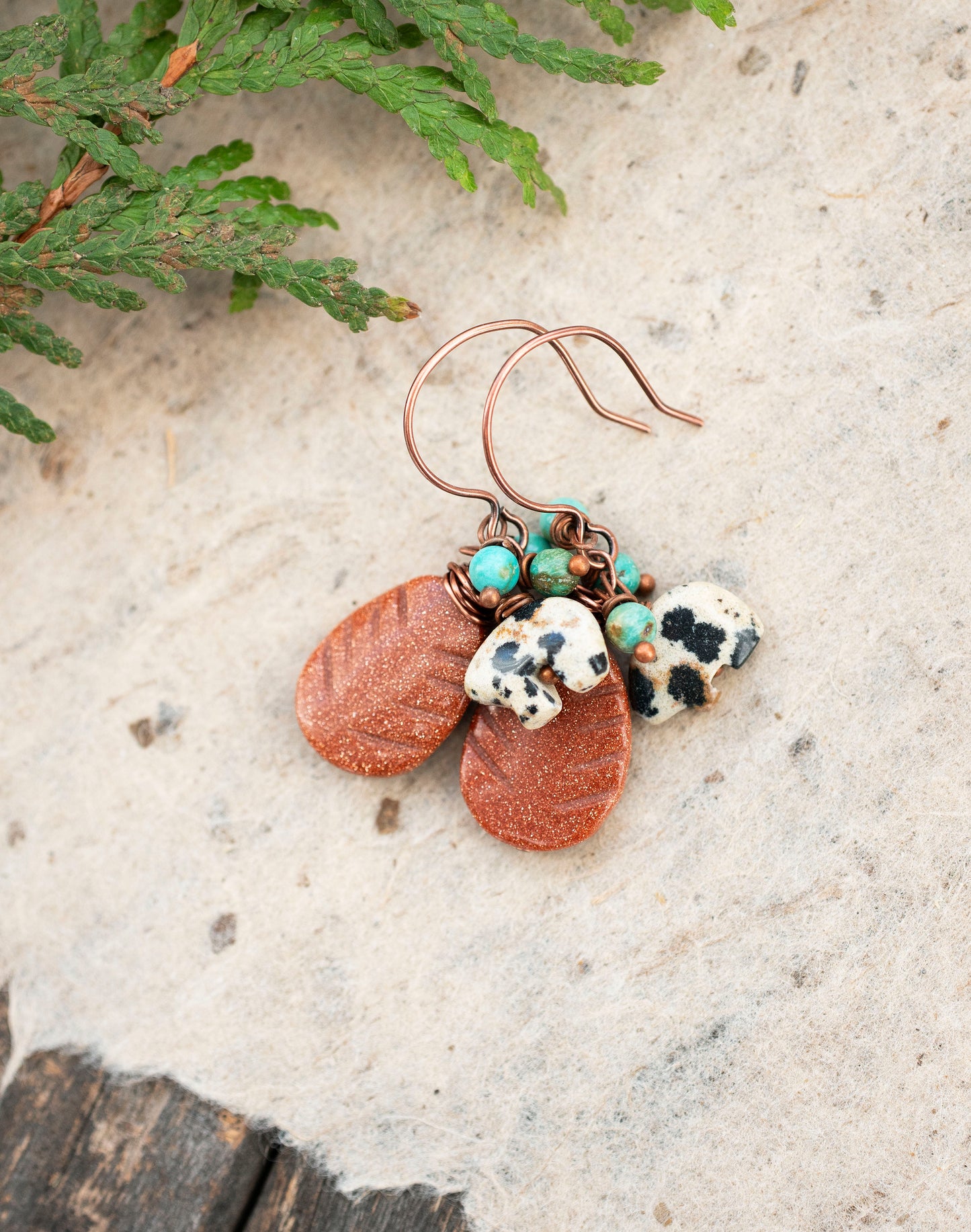 Goldstone Leaves Dalmatian Jasper Turquoise Bear Earrings