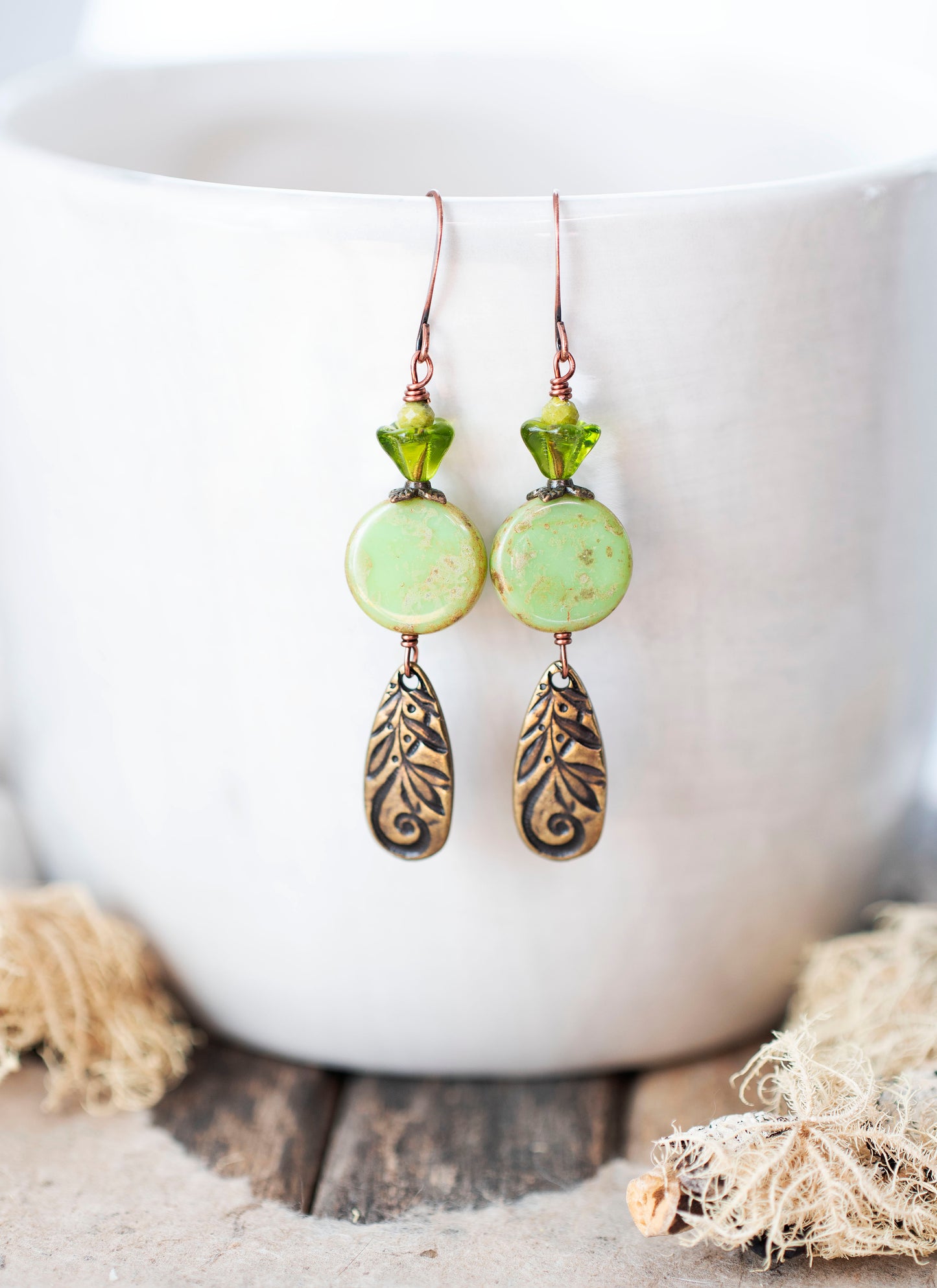 Spring Green Earrings Filigree Fern Antique Brass Drops