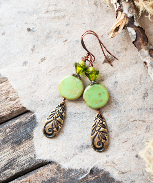 Spring Green Earrings Filigree Fern Antique Brass Drops