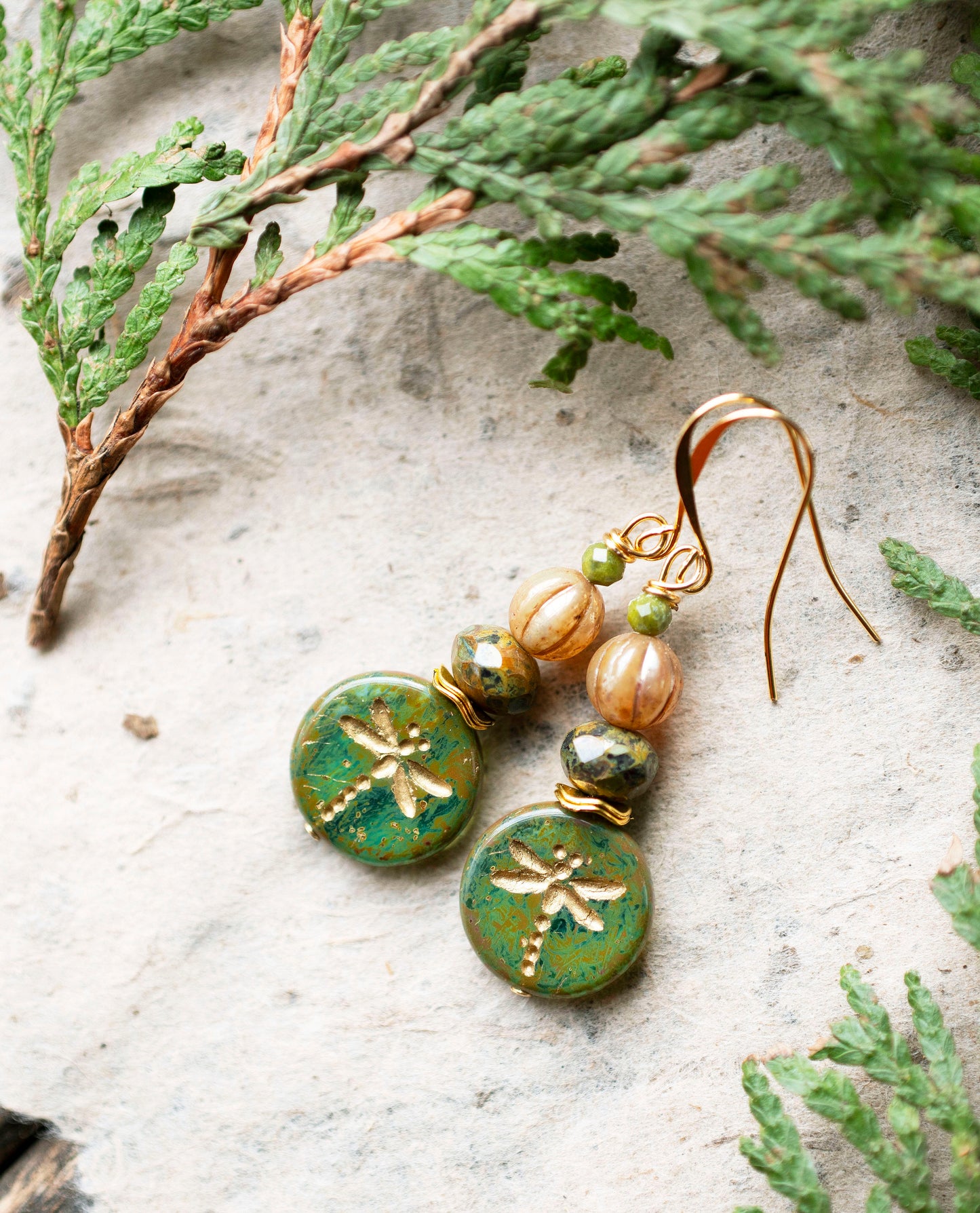 Green Gold Dragonfly Earrings