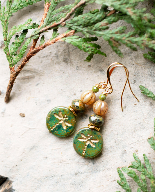 Green Gold Dragonfly Earrings