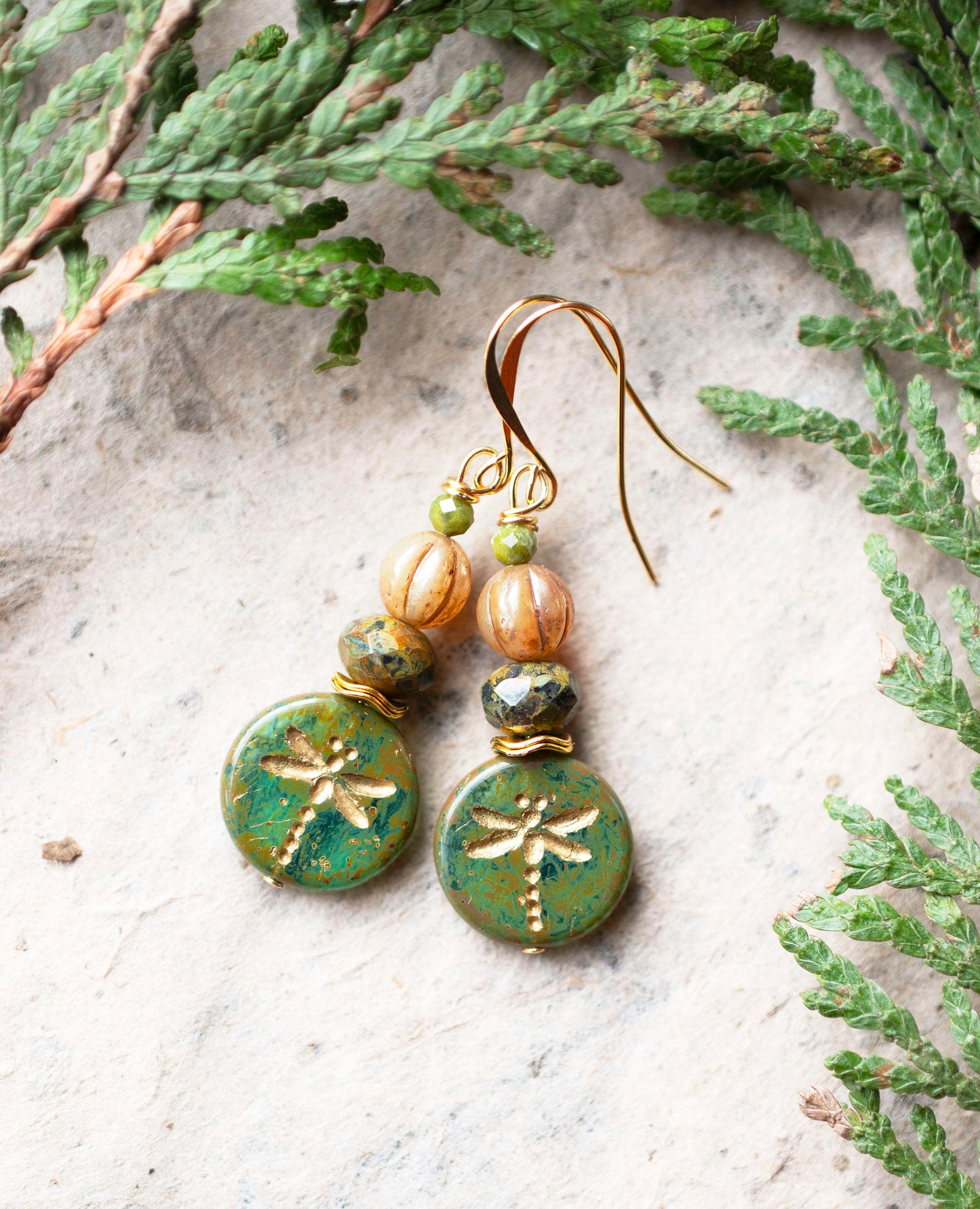 Green Gold Dragonfly Earrings