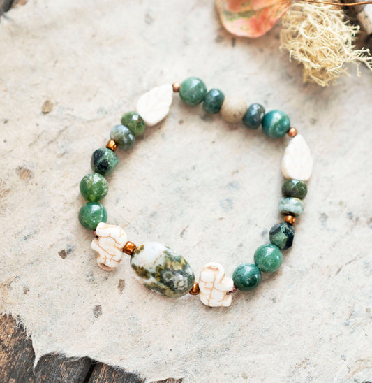 Moss Agate Green Elephant Ocean Jasper Gemstone Stretch Bracelet