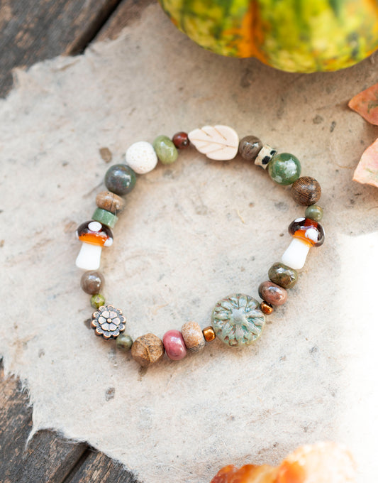 Autumn Green Flower Mushroom Gemstone Stretch Bracelet