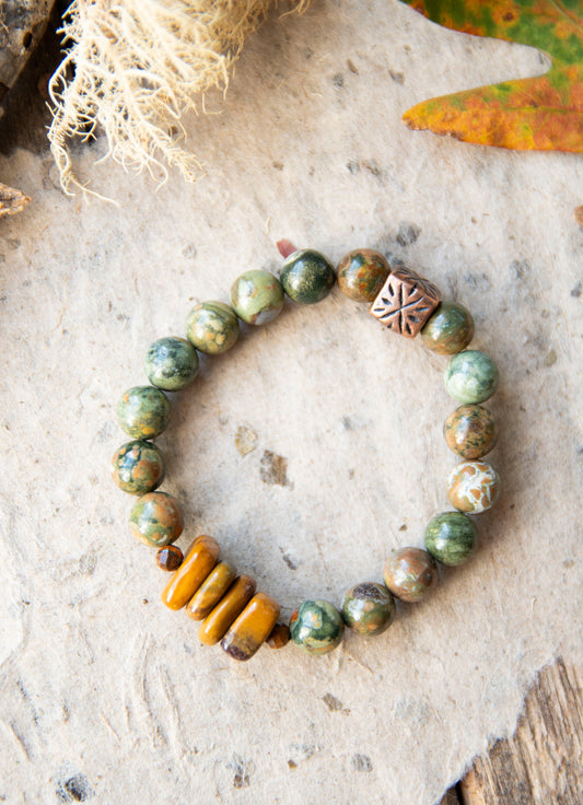 Mossy Green Rhyolite & Yellow Jasper Bracelet